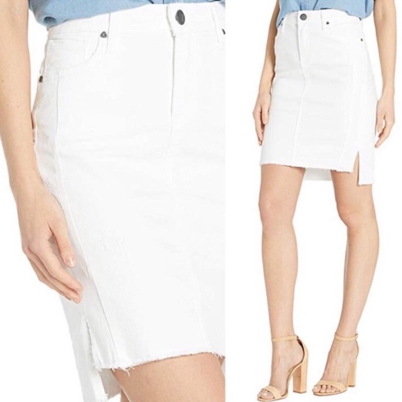 KUT Connie Step Raw Hem Stretch Cotton Skirt Size 4 White Mildly Distressed - Picture 4 of 13